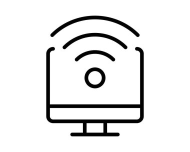 Bu illüstrasyon, dijital iletişimdeki bağlantıyı ve modern teknolojiyi sembolize eden Wi-Fi sinyalli bir bilgisayar monitörünün basit bir taslağını içerir..