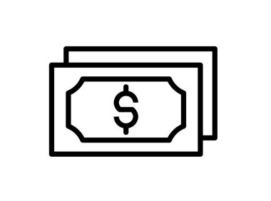 İki dolarlık banknotların bir dolar sembolü, mali, ticari ve bütçe ile ilgili içerikler için ideal olduğunu gösteren basit siyah-beyaz çizimler.