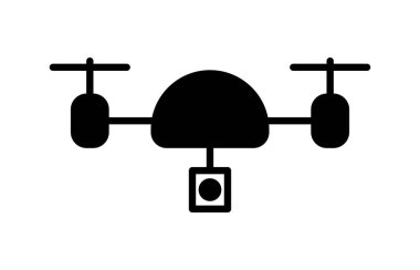 Hava fotoğrafçılığı ve yenilikçi açık hava maceraları için ideal bir kamera ile donatılmış modern bir dronun parlak siyah silueti..