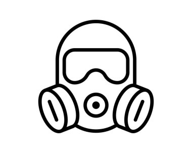 Bu siyah ve beyaz resimde tehlikeli ortamlarda korunmayı ve güvenliği sembolize eden bir gaz maskesi ikonu yer alıyor. Sağlık ve güvenlik temaları için ideal.