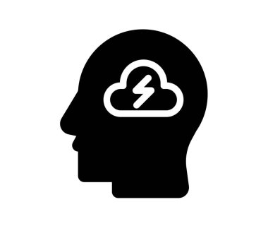Bu grafik, yaratıcılığı ve yenilikçi düşünceyi temsil eden bulut ve şimşek sembollü bir kafa siluetini gösteriyor. Ruh sağlığı ve ilham temaları için ideal.