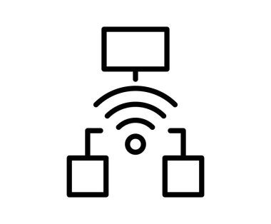 Bu vektör illüstrasyonu kablosuz ağ bağlantı kurulumunu gösterir. Modern internet iletişimini sembolize eden cihazlara bağlı merkezi bir sinyal kaynağı içerir..