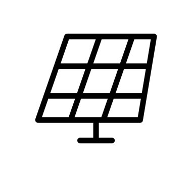 Güneş panelini temsil eden basit bir siyah beyaz simge. Bu grafik modern teknolojilerde yenilenebilir enerji ve sürdürülebilirlik kavramını gösteriyor.