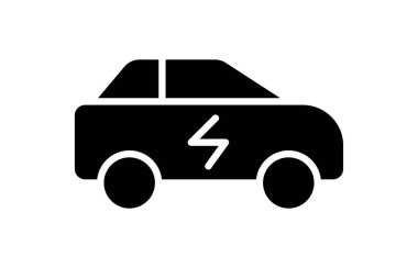 Temiz beyaz arka planda parlak siyah bir elektrikli araba ikonu, sürdürülebilir bir gelecek için modern ulaşım ve çevre dostu seyahat çözümlerini temsil ediyor..