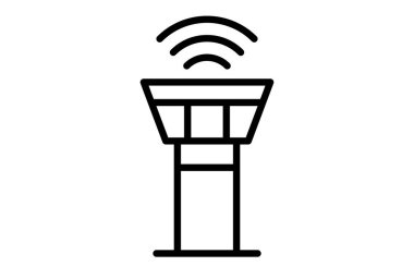 Havalimanı kontrol kulesinin basit siyah çizgisi. İletişim dalgaları var. Havacılık temalı projeler için mükemmel..