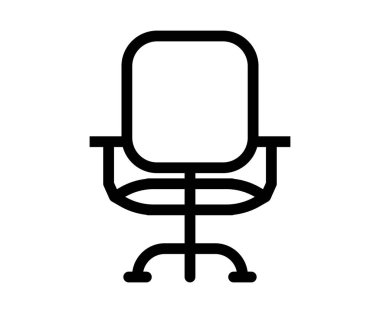 Modern tasarım projeleri için ideal, temiz beyaz bir arka planda bir ofis koltuğunun basit siyah taslağı. Sunumlar ya da öğretici materyaller için mükemmel.