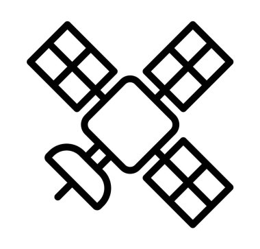 Bu basit siyah-beyaz uydu ikonu, bilimsel veya eğitim projeleri için mükemmel olan modern uzay teknolojisi ve iletişim sistemlerini temsil etmektedir..