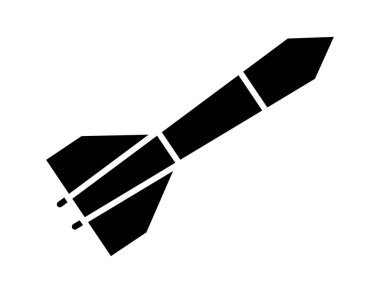 Bu görüntü, teknolojiye ve askeriyeyle ilgili temalara uygun modern bir tasarım sergileyen beyaz arka planda bir füzenin siyah siluetini içeriyor..