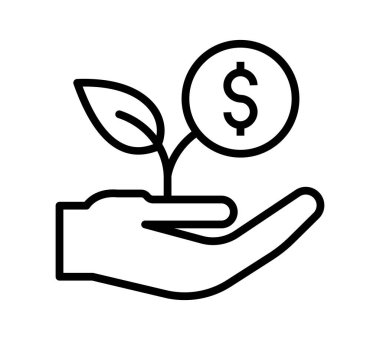 Minimalist bir illüstrasyon, dolar işareti olan küçük bir bitkiyi tutan bir eli gösteriyor. Bu görüntü, finansal yatırım ile doğadaki sürdürülebilir büyüme arasındaki bağlantıyı sembolize ediyor..