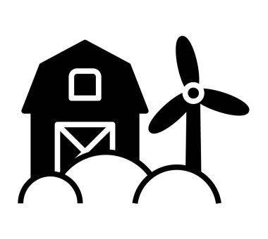 Bir ahır ve rüzgar türbini içeren basit siyah-beyaz simge, kırsal tarım ve yenilenebilir enerjinin özünü modern, çevre dostu bir bağlamda yakalıyor..