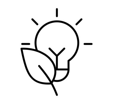 Ampul ve yaprağı birleştiren, çevre dostu enerji çözümlerini temsil eden minimalist bir illüstrasyon. Bu resim sürdürülebilirliği ve yeniliği simgeler..