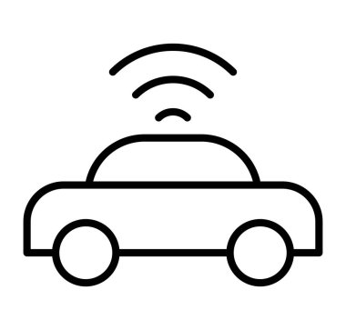 Sinyal dalgaları yayan otonom bir aracın temiz ve minimum vektör çizimi. Teknoloji, ulaşım veya modern tasarım kavramları ile ilgili projeler için mükemmel..