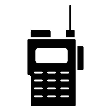 Bu görüntü, iki yönlü bir radyo cihazının siyah siluetini içeriyor. Açık havada veya acil durumlarda iletişim kurmak için ideal. Temel özelliklerini gösteriyor..
