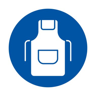 Bu resim, mutfak temaları ve mutfak aktivitelerini temsil eden dairesel bir arka plan üzerine kurulmuş beyaz önlüğün basit ve modern bir mavi simgesini içerir..