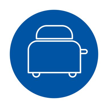 Saf mavi arka planda parlak bir tasarımı olan minimalist bir tost makinesi ikonu. Modern dijital projelerde ya da pazarlama materyallerinde mutfak aletlerini temsil etmek için ideal.