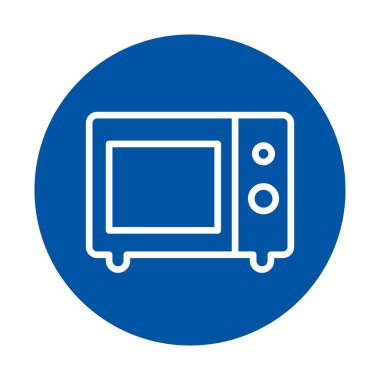 Mikrodalga fırının temiz ve modern bir simgesi canlı mavi bir daire üzerinde beyaz olarak gösterilmiş, mutfak teması ve tasarım projeleri için mükemmel..