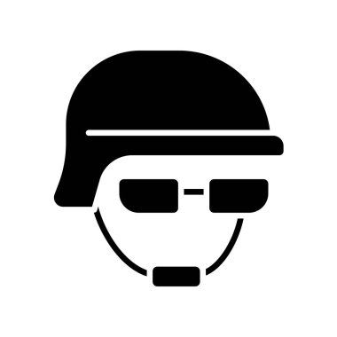 Bu resim, askeri temalı grafik projeler ve tasarımlar için mükemmel bir miğfer ve güneş gözlüğü takan cesur bir askerin silüetini içeriyor..