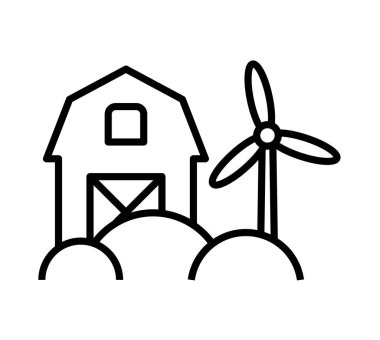 This graphic features a minimalist line drawing of a farm scene, showcasing a barn and a windmill against rolling hills, symbolizing sustainability.