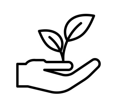 Yapraklı küçük yeşil bir filizi tutan bir elin minimalist çizimi. Bu görüntü büyümeyi, beslenmeyi ve çevresel farkındalığı temsil ediyor. Çevreyle ilgili konular için mükemmel.