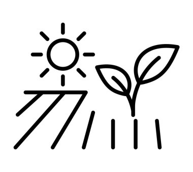 Büyümeyi ve tarımı sembolize eden bir güneş ve bitkinin minimalist bir çizimi. Doğa, sürdürülebilirlik ve tarım konuları için mükemmel.