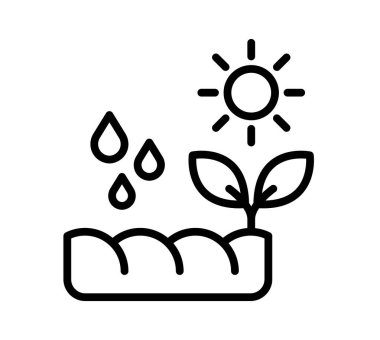 This minimalist illustration features a sun, water droplets, and a growing plant, symbolizing nature's essentials for growth and sustainability.