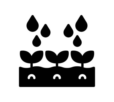 Su damlalarıyla büyüyen bitkileri tasvir eden çarpıcı bir siyah silüet çizimi, bahçıvanlık, büyüme ve sürdürülebilirlik temaları için mükemmel.