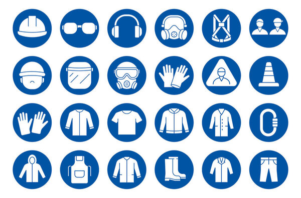 A collection of safety and protective gear icons, each set against a blue background. Items include hard hats, gloves, masks, and more, symbolizing workplace safety.