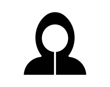 Bu resim, beyaz bir arkaplan üzerine kapüşonlu bir kişinin siyah siluetini içeriyor, çağdaş sanat ve tasarımda anonimliği ve gizemi sembolize ediyor..