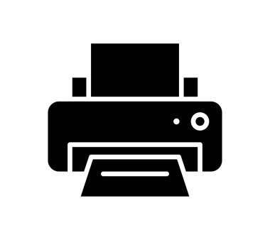 Bu siyah siluet simgesi, bir sayfa kağıdı olan modern bir yazıcıyı temsil ediyor. Teknoloji ve ofis temaları için ideal.