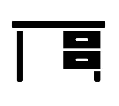 Ofis mobilyalarını çeşitli tasarımlarda temsil etmek için mükemmel iki çekmecesi olan bir minimalist siyah masa simgesi. Çalışma alanı temaları için ideal.