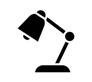 This minimalist black desk lamp icon features an adjustable arm and shade, perfect for design projects, illustrating workspace elements, and enhancing modern aesthetics.