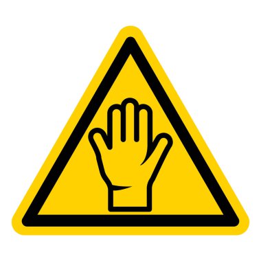 Bu resimde sarı üçgen bir uyarı işareti var. Üzerinde el işareti var. Dikkat ve güvenliği vurguluyor. Eğitimsel veya mesleki kullanım için ideal.