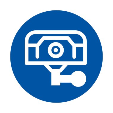 Mavi zemin üzerine kurulmuş minimal güvenlik kamerası simgesi, çeşitli endüstrilerdeki izleme, teknoloji ve güvenlik kavramlarını temsil ediyor..