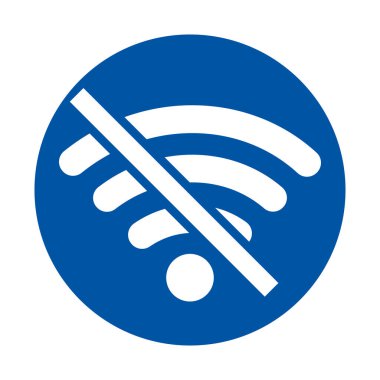 Mavi bir daire içinde kesilmiş bir kablosuz ağ sinyali içeren internet bağlantısı olmayan bir sembolün çarpıcı görsel temsili. Bağlantı sorunlarını tasvir etmek için mükemmel.
