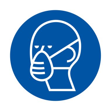 Bu minimalist illüstrasyon, salgın zamanlarındaki sağlık ve güvenliği sembolize eden mavi bir çemberle çevrili tıbbi maske takan bir insanı tasvir ediyor..