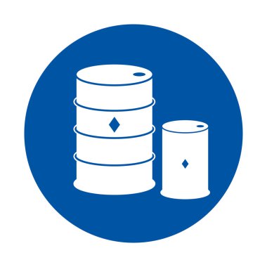 Bu grafik, enerji yönetimi uygulamalarında endüstriyel depolama ve güvenliği sembolize eden mavi arkaplan üzerine istiflenmiş beyaz yağ varillerini içeriyor..