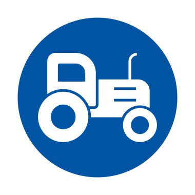 Saf mavi daireye karşı beyazlı bir traktörün basit ve modern simgesi. Tarım temaları, tarım ve kırsal yaşam tarzı projeleri için ideal.