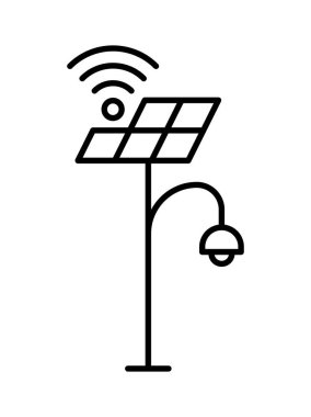 Bir güneş panelinin modern tasarımı sokak lambasıyla entegre edilmiş, kablosuz teknolojiyle yenilenebilir enerji sergiliyor. Çevre dostu projeler için ideal.