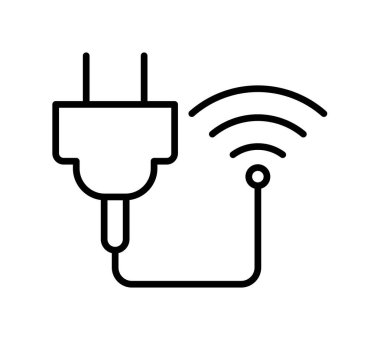 Bu simge, enerji ve iletişimdeki bağlantıyı ve teknolojik yeniliği temsil eden kablosuz bir sinyal ileten modern bir elektrik prizini gösteriyor.