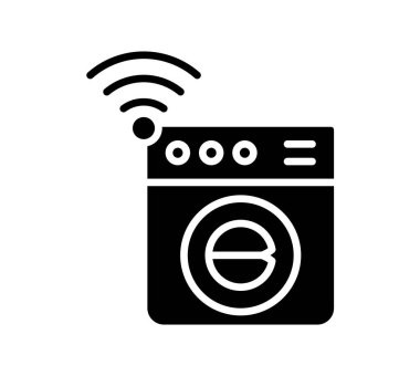Bu akıllı çamaşır makinesi ikonu modern evlerin kablosuz bağlantısını vurguluyor. Günlük ev işleri ve çamaşırların teknoloji ve kolaylık karışımını simgeliyor..