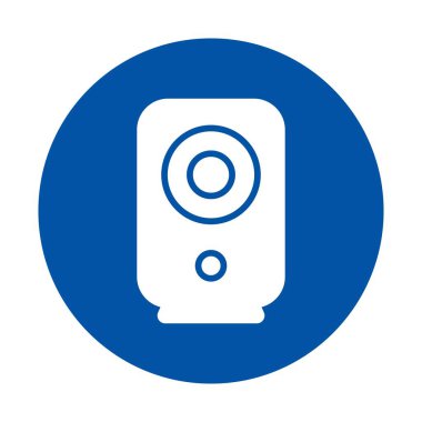 Ses teknolojisi, müzik hizmetleri ve ses uygulamalarını temsil etmek için mükemmel, mavi dairesel arka plana karşı minimalist beyaz konuşmacı simgesi.