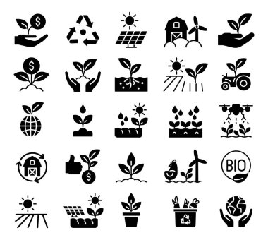 Yenilenebilir enerji, tarım ve çevre koruma da dahil olmak üzere yeşil sürdürülebilirlik kavramlarını temsil eden siyah simgelerden oluşan bir derleme. Çevre dostu projeler için mükemmel..