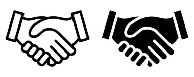 Bu resim, iş ortaklığını ve işbirliğini simgeleyen siyah beyaz bir tokalaşma ikonuna sahiptir. Profesyonel temalar için ideal.