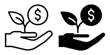 Bir el, büyüyen bir bitkiyi bir dolar sembolüyle nazikçe beşikte tutuyor, finansal büyümeyi temsil ediyor. Bu kavramda iş ve ekolojide sürdürülebilirlik, yatırım ve refah vurgulanıyor.