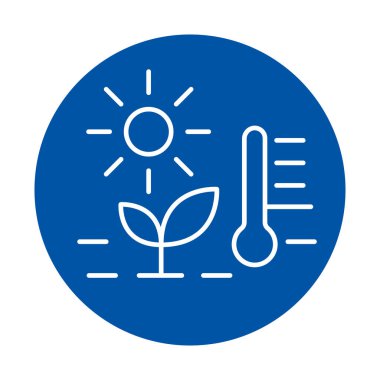 Büyümeyi ve çevresel koşulları sembolize eden, güneş, bitki ve termometreyi gösteren canlı mavi dairesel bir grafik, doğa ve sürdürülebilirlik temaları için mükemmel..