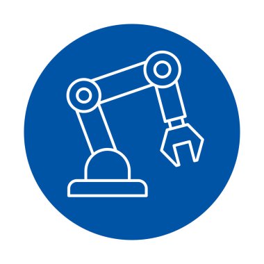 Bu çarpıcı simge canlı mavi bir arkaplanda basit bir robot kol tasarımı içerir. Teknolojiyi, otomasyonu ve endüstriyel uygulamalarda yeniliği temsil eder..