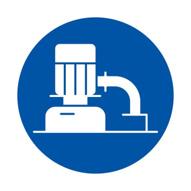 Bu illüstrasyon, mühendislik ve teknoloji ile ilgili grafik tasarım projeleri için mükemmel, mavi dairesel bir arka plan üzerine kurulmuş beyaz bir sanayi pompası ikonunu içerir..