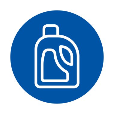 Temiz ve modern çizgi ikonu mavi arka planda duran çamaşır deterjanı şişesini temsil ediyor. Temizlik ürünü markalaşması ve ev ihtiyaçları için ideal.