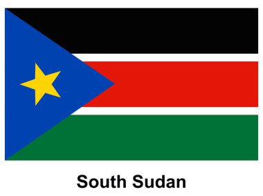 Ulusal gurur ve kültür mirasını temsil eden canlı bir palet ve farklı tasarım unsurları içeren Güney Sudan bayrağının bir çizimi.