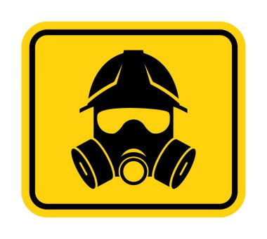 Bu uyarı işareti, tehlikeli ortamlarda güvenliği simgeleyen gaz maskesi ve başlığın grafiğini içeriyor. İş yeri farkındalığı için ideal.